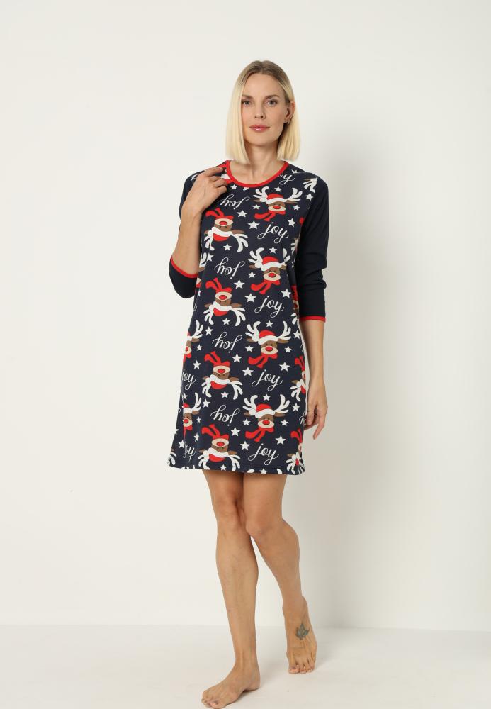 Camasa de noapte Craciun,imprimeu reni,culoare bleumarin ,En-gros